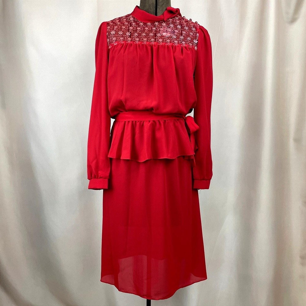 Vintage 70s Sz (S) Red Peplum Sheer Chiffon‎ Dress Midi Office Siren Secretary